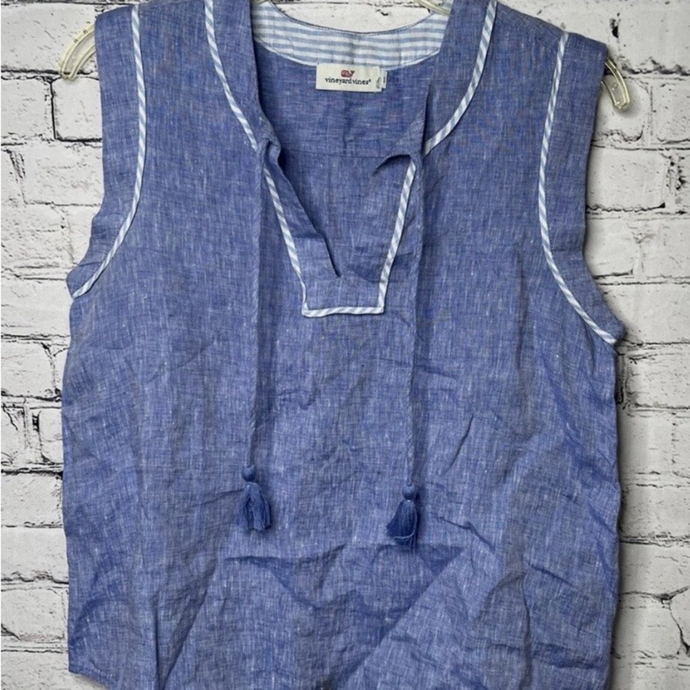 Vineyard Vines Chambray Blue Sleeveless Linen Tunic with Tassels